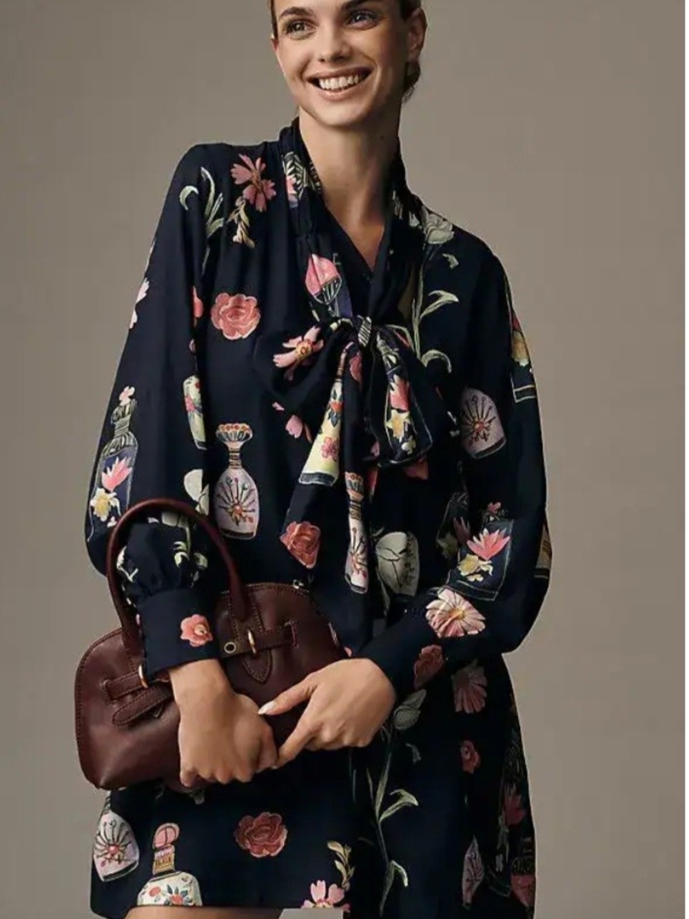 Maeve Navy Floral Tie-Neck Mini Dress with Pink & Cream Accents